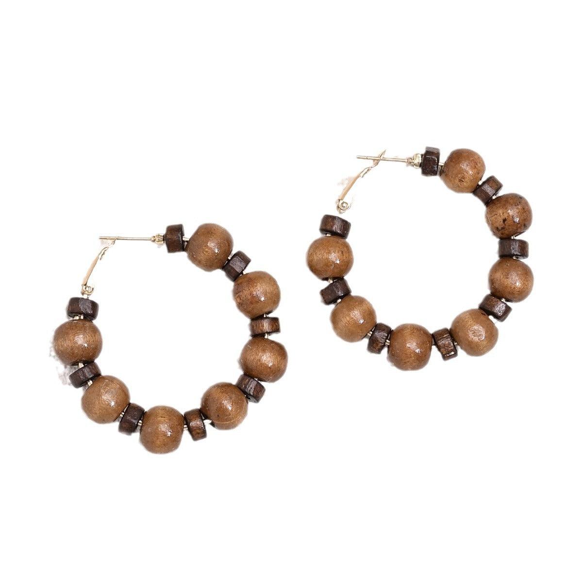 Korean Style Retro Graceful Personality High-grade Round Wooden Wooden Bead Beaded Ear Ring