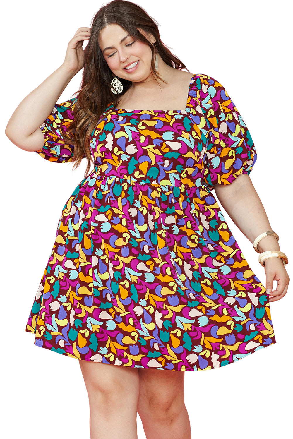 Purple Plus Size Printed Puff Sleeve Short Flare Dress