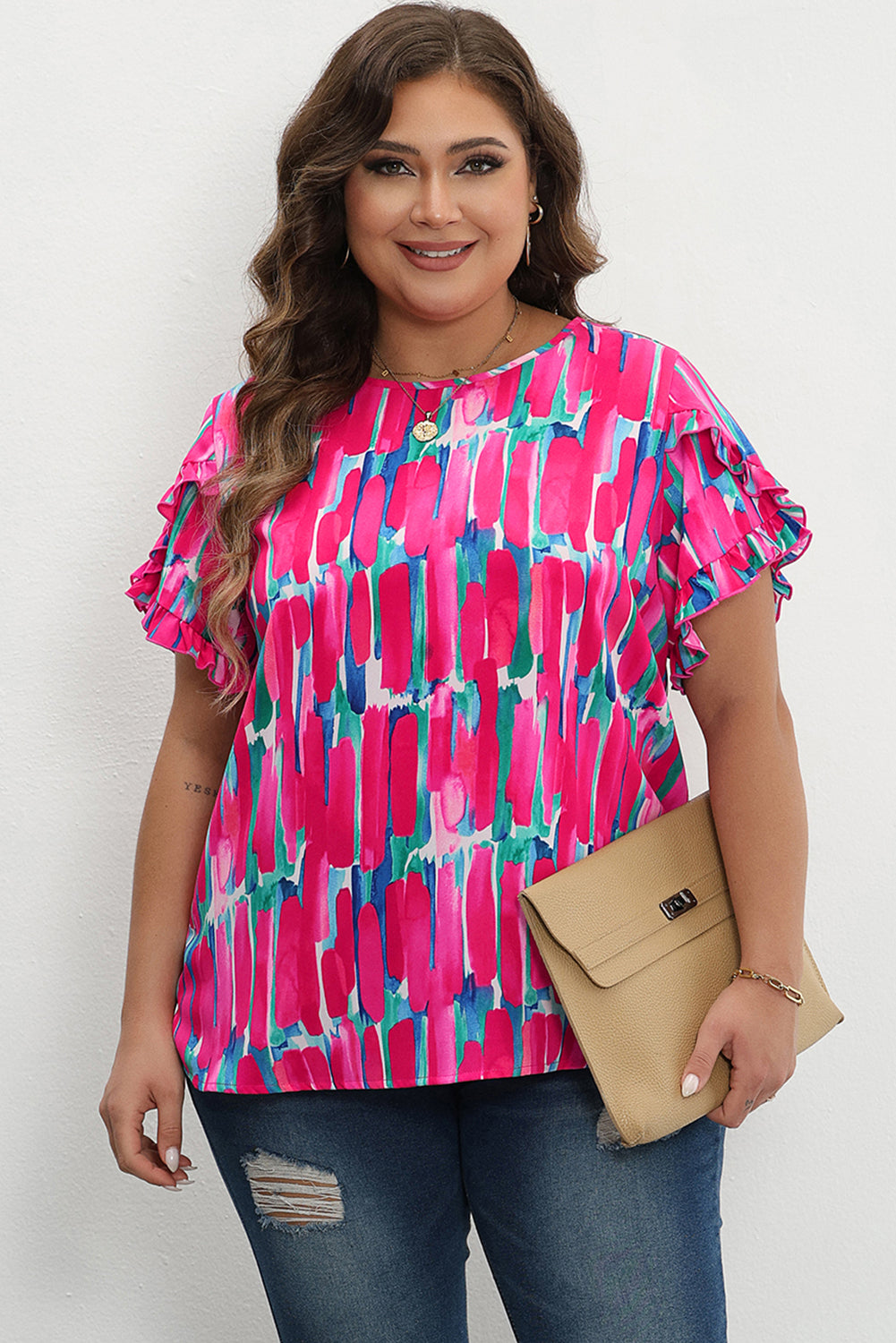 Rose Plus Size Abstract Print Ruffled Petal Sleeve Blouse