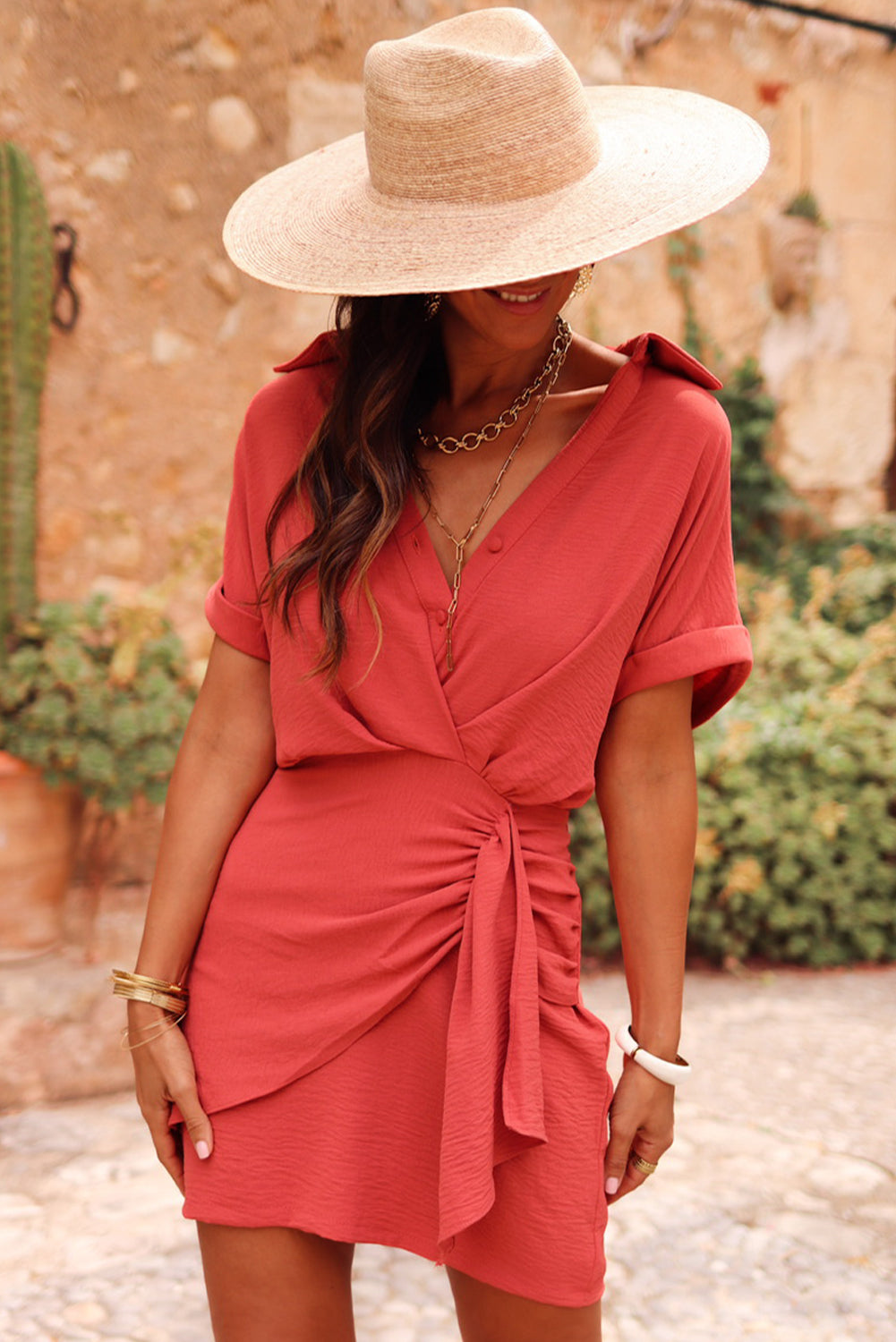 Tomato Red Collared Buttoned Neckline Pleated Wrapped Mini Dress