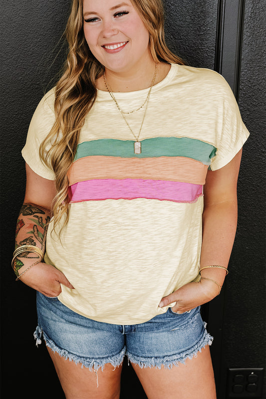 White Color Block Patchwork Plus Size T Shirt