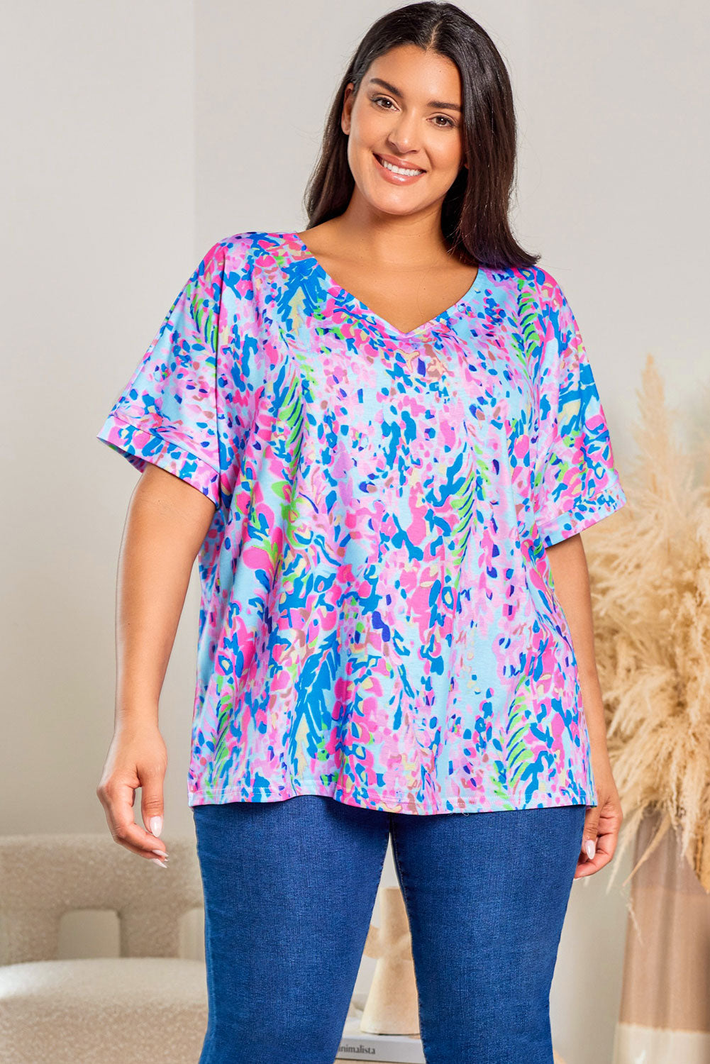 Sky Blue Plus Size Plant Print V Neck T-shirt