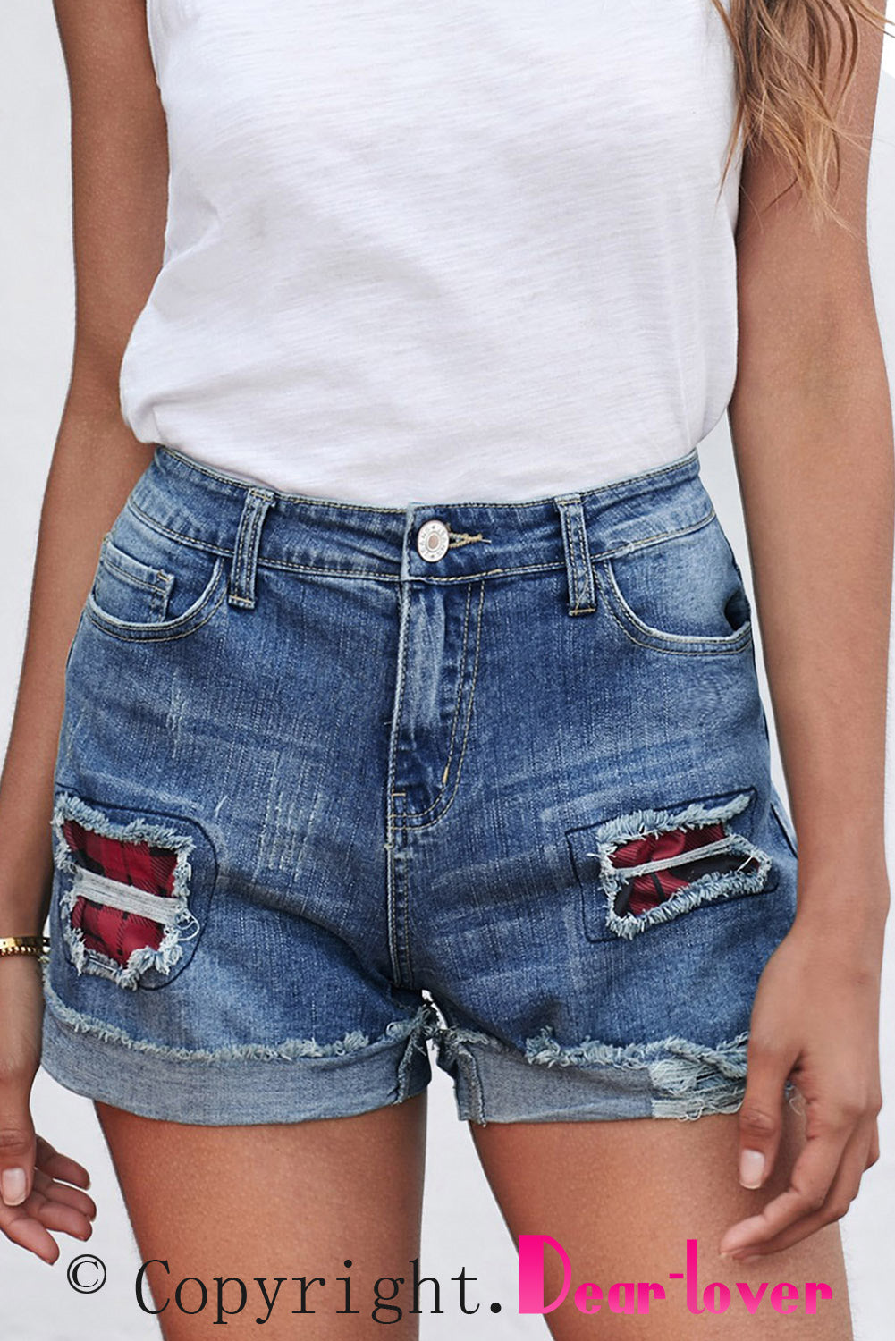 Plaid Patchwork Rolled Hem Denim Shorts