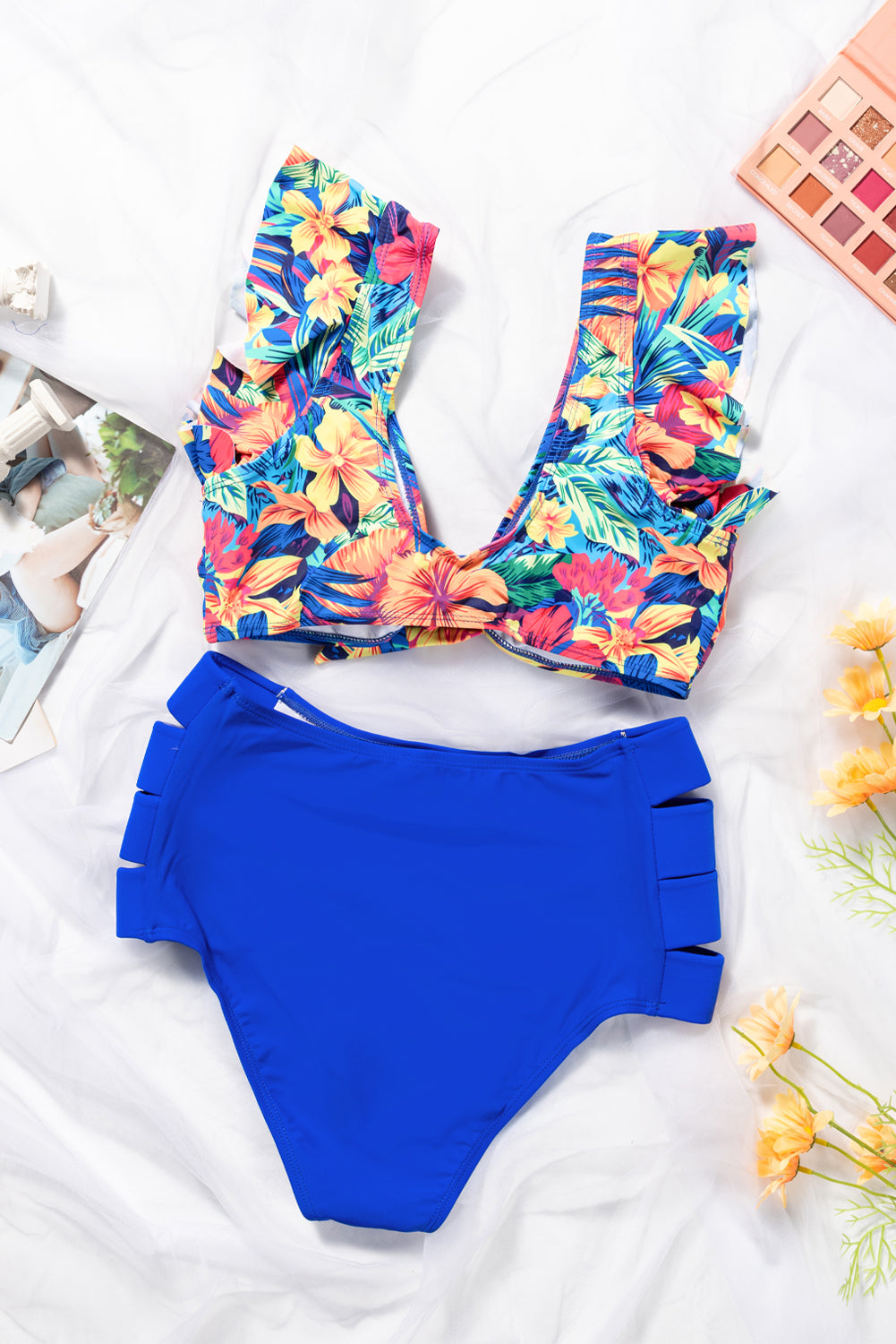 Floral Print Front Tie High Waist Bikini Swimsuit with Ruffles