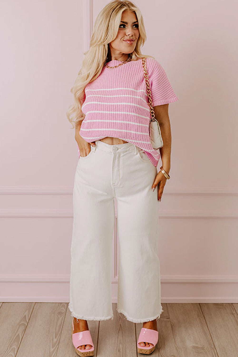 Pink Stripe Ribbed Loose Plus T Shirt