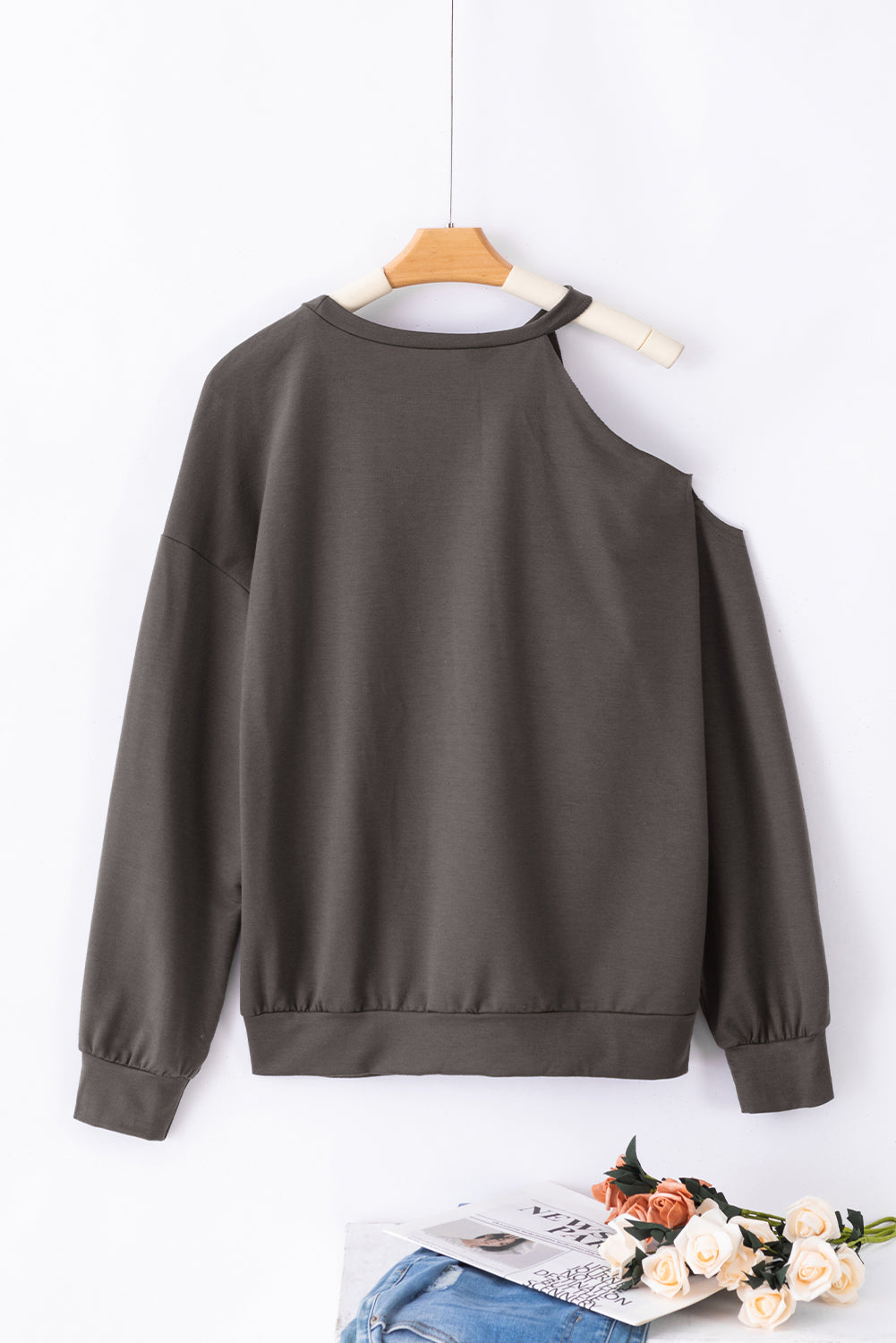 Medium Grey Distressed Asymmetric Cold Shoulder Pullover