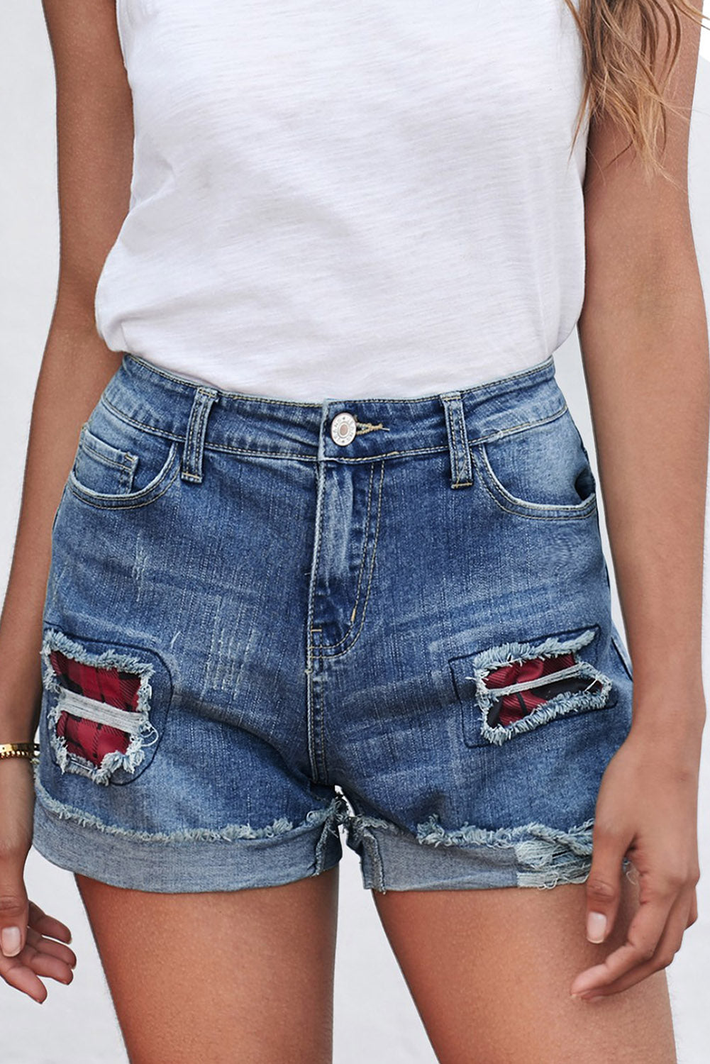 Plaid Patchwork Rolled Hem Denim Shorts