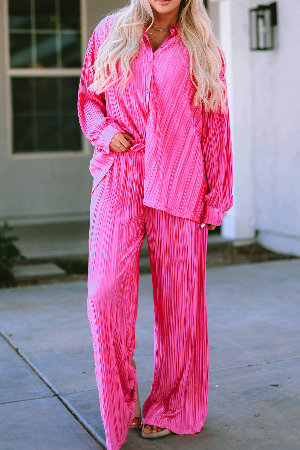 Rose Pleated Long Sleeve Shirt and Wide-Leg Pants Set