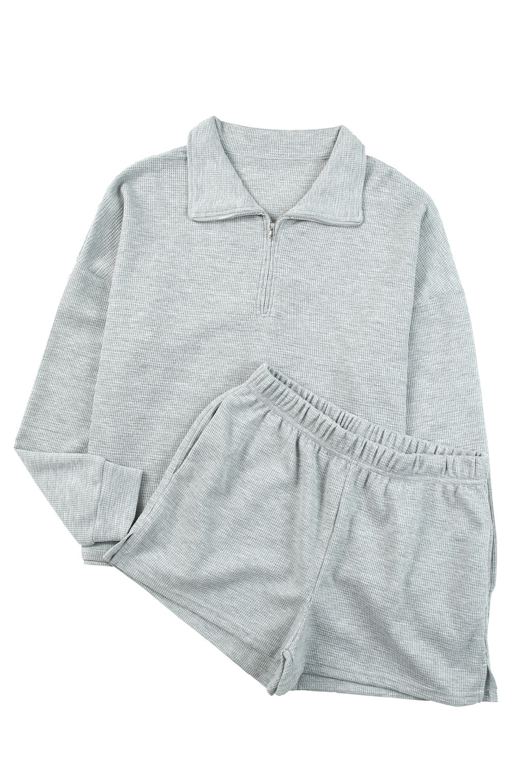 Gray Ribbed Zipper Sweatshirt and High Waist Shorts Set