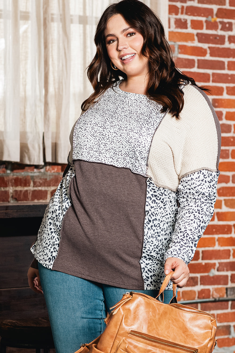 Brown Plus Size Leopard Waffle Ribbed Knit Patchwork Top