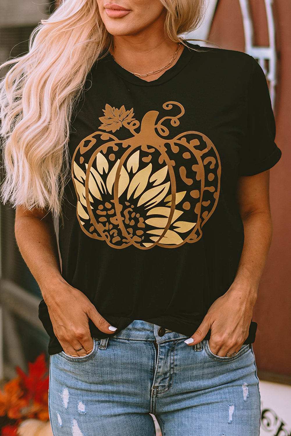 Black Halloween Sunflower Pumpkin Graphic Tee