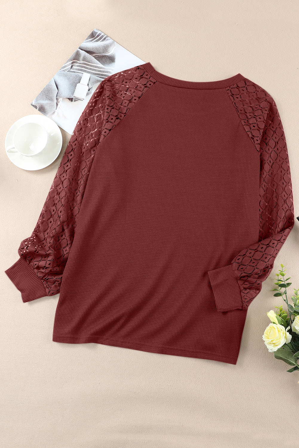 Red Plus Size Contrast Lace Sleeve Waffle Knit Top