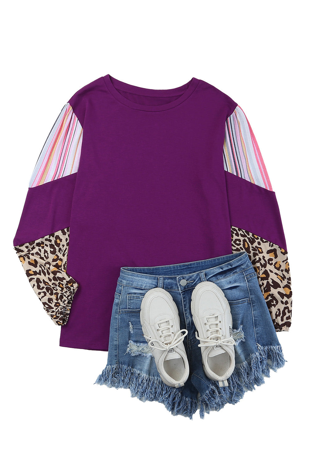 Purple Leopard Striped Color Block Plus Size Top