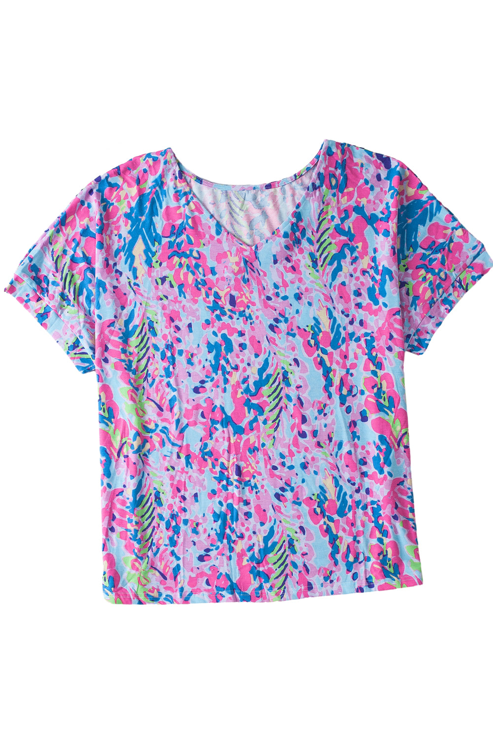 Sky Blue Plus Size Plant Print V Neck T-shirt