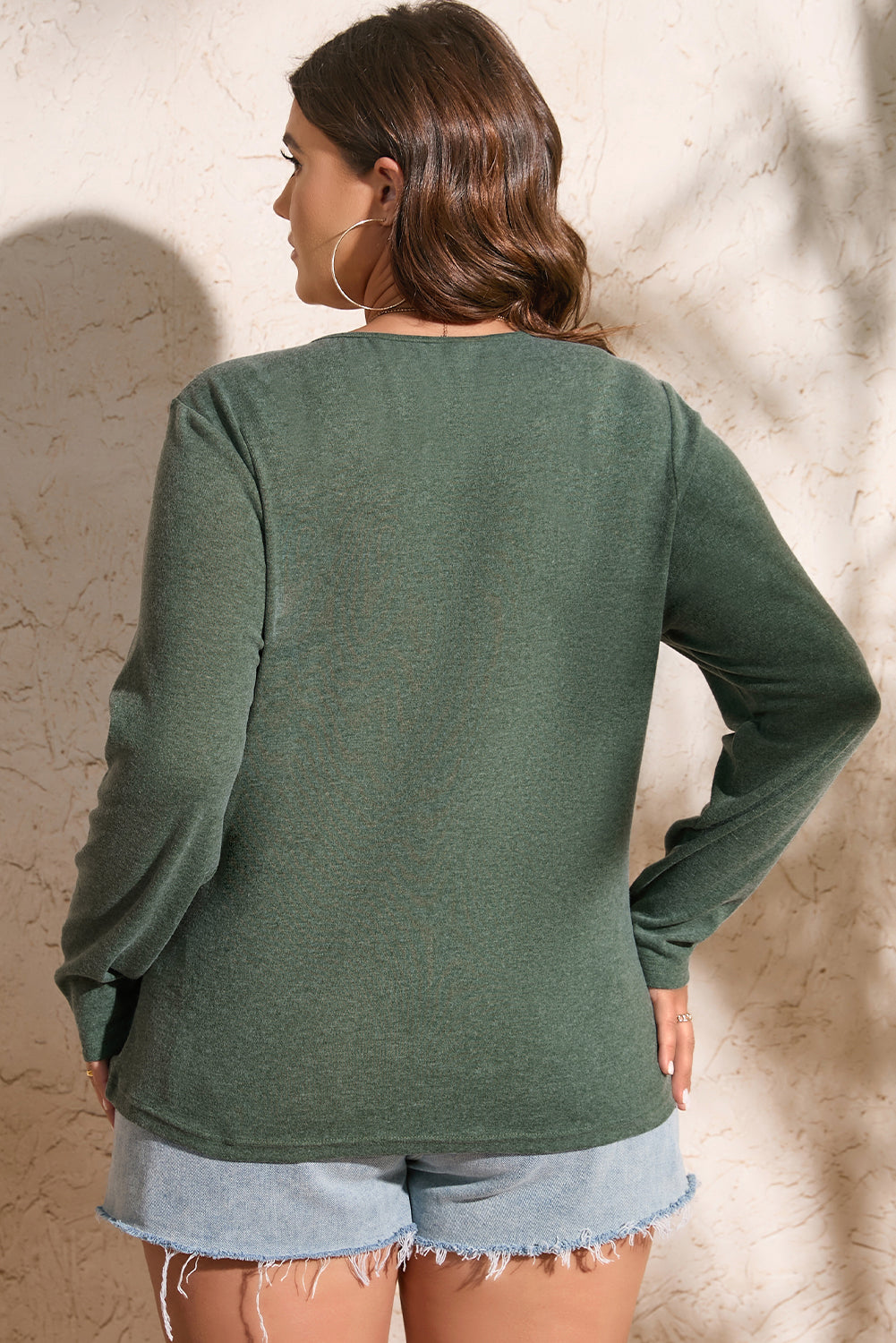 Mist Green Plus Size Snap Button Henley Top