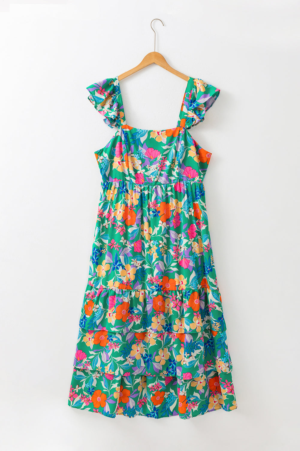 Green Plus Size Floral Smocked Back Tiered Maxi Dress