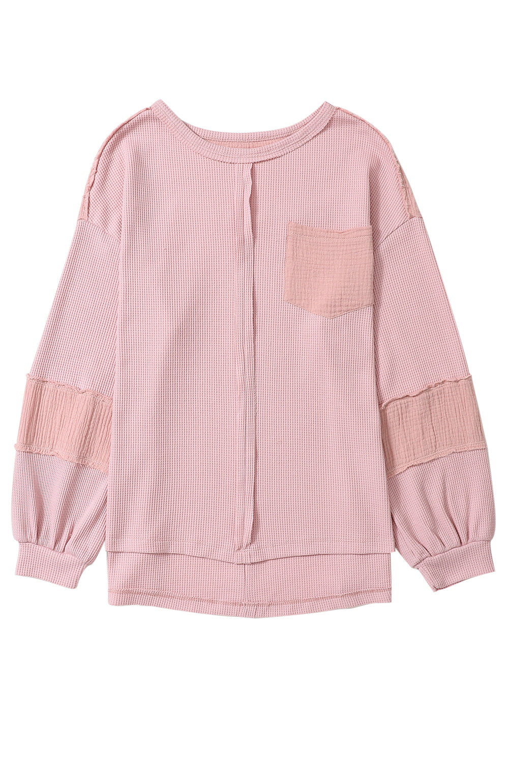 Pink Exposed Seam Patchwork Bubble Sleeve Waffle Knit Top