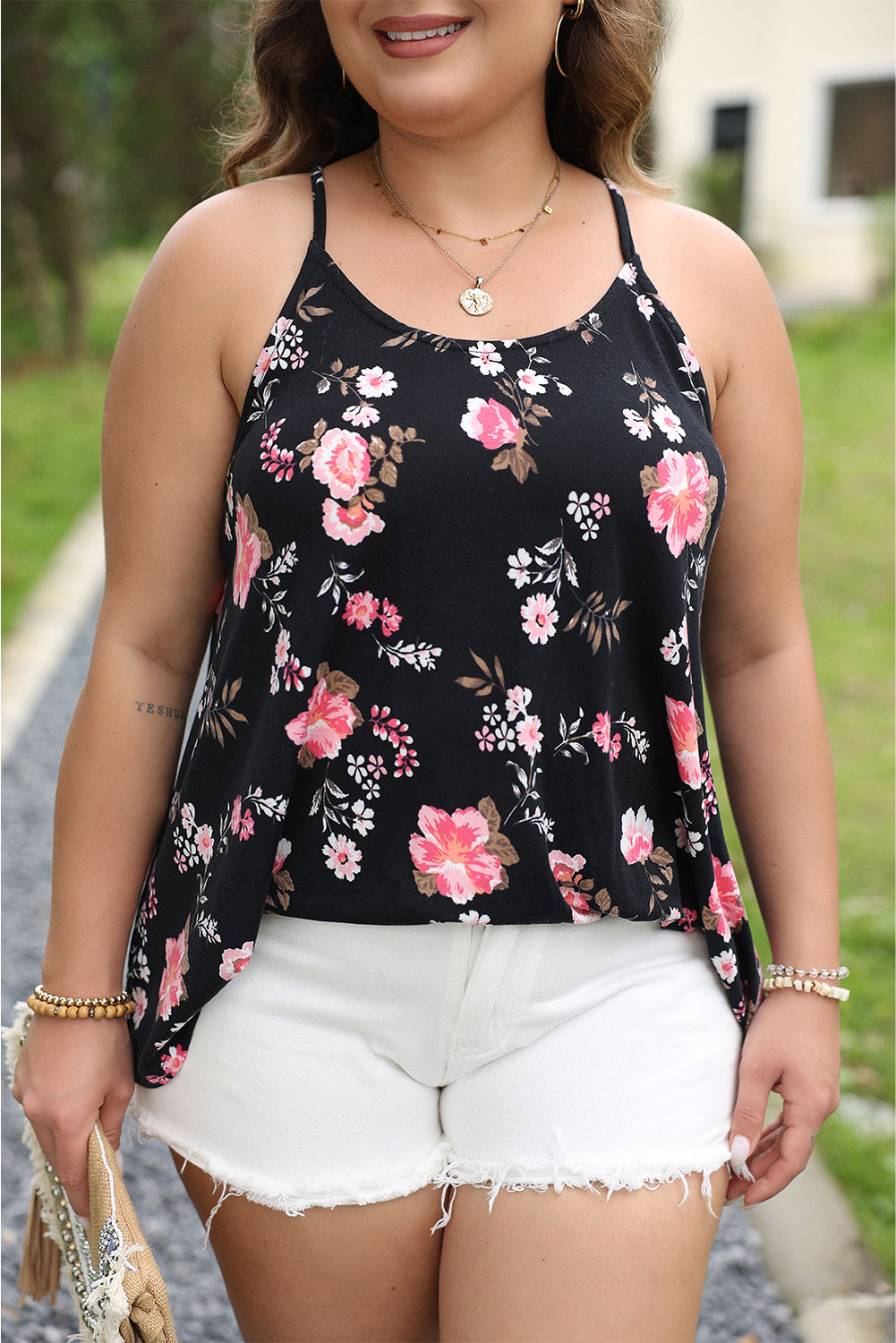 Black Plus Size Floral Strappy Racerback Top