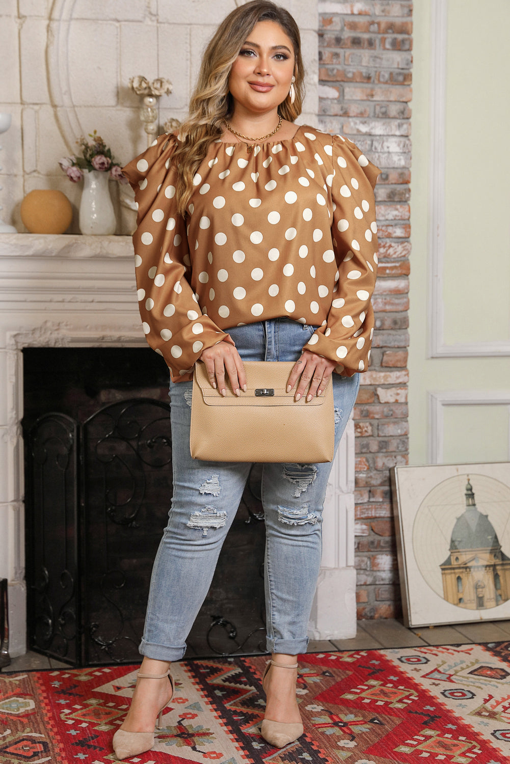 Khaki Plus Size Polka Dot Ruched Neckline Puff Sleeve Blouse