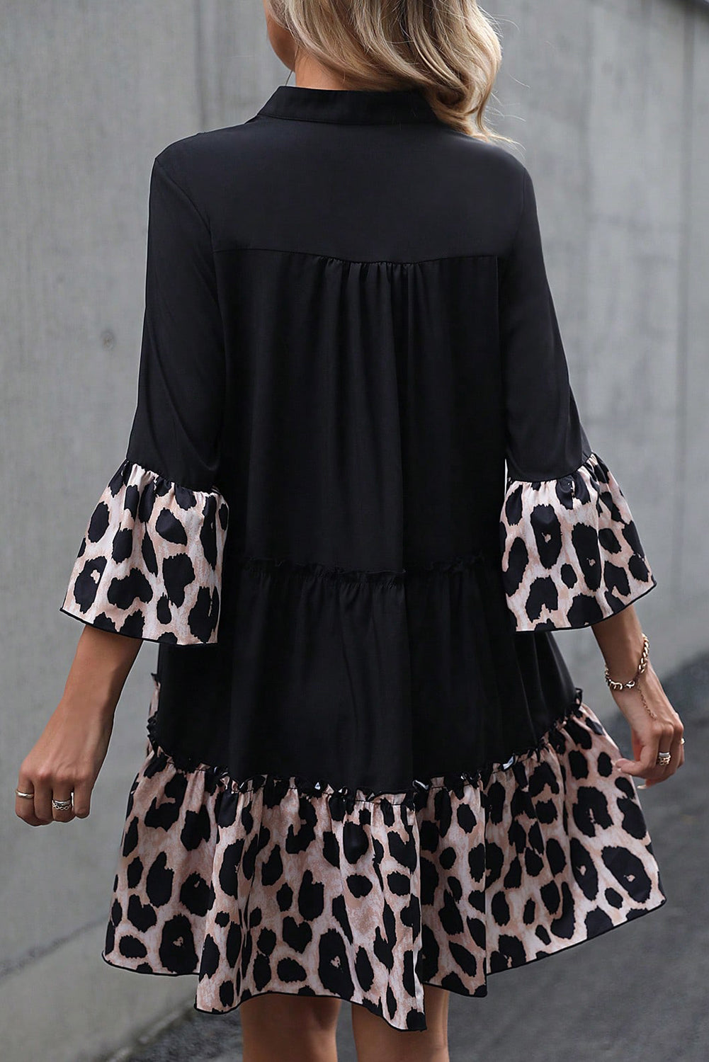 Black Leopard Patchwork Split Neck Ruffle Curvy Dress