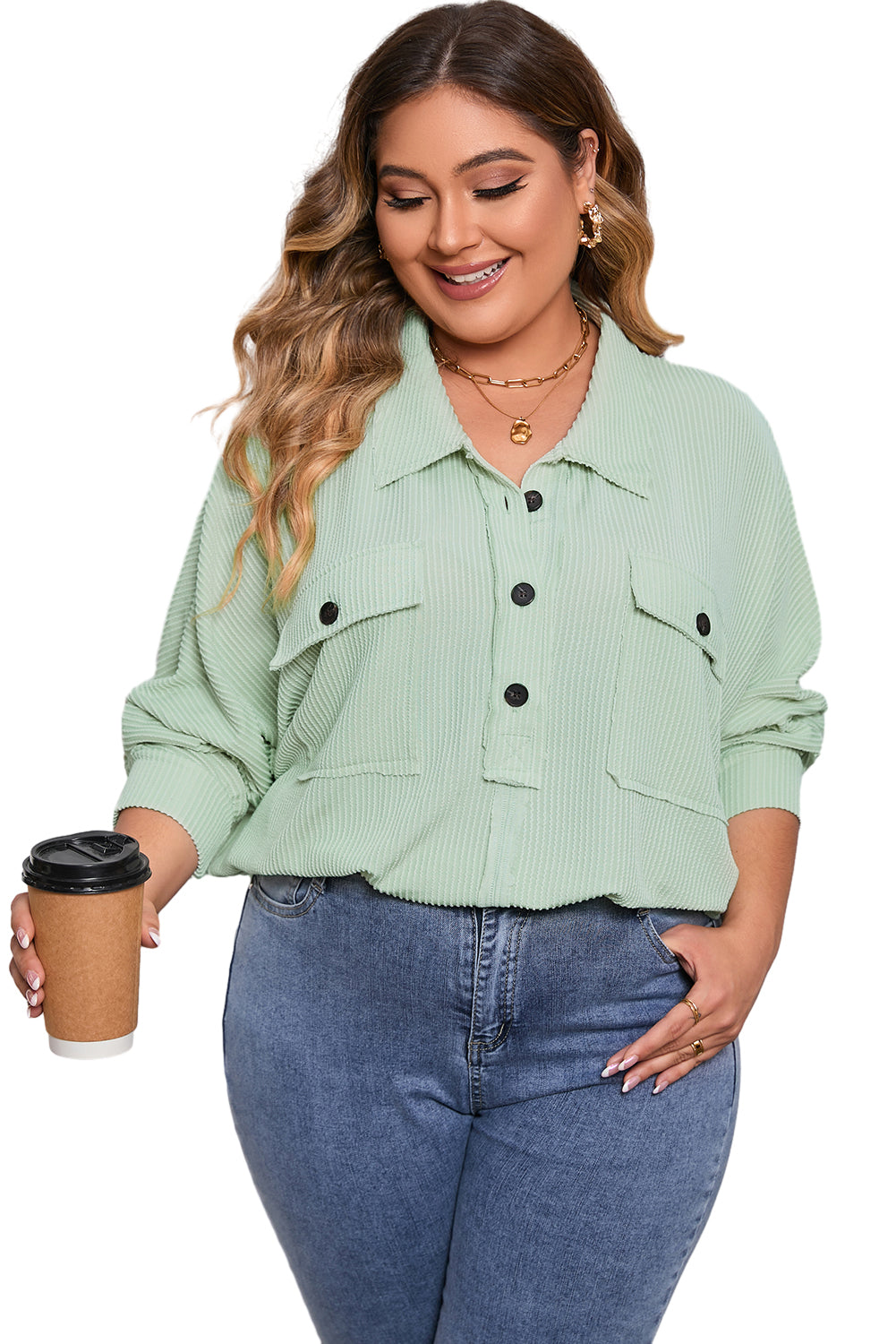 Green Plus Size Ribbed Pocketed Long Sleeve Henley Top