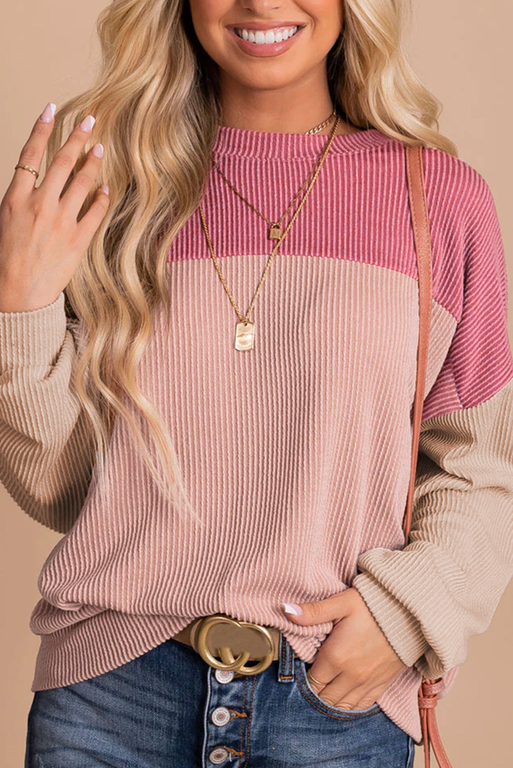 Pink Color Block Long Sleeve Ribbed Loose Top