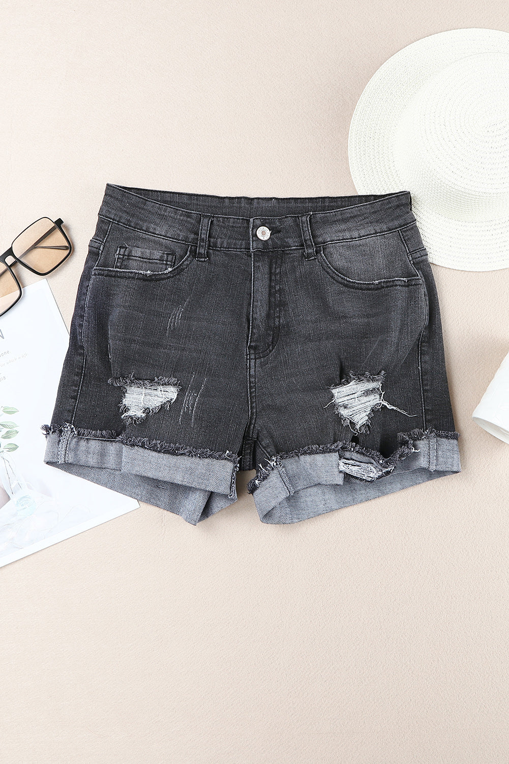 Distressed Ripped Rolled Hem Black Denim Shorts