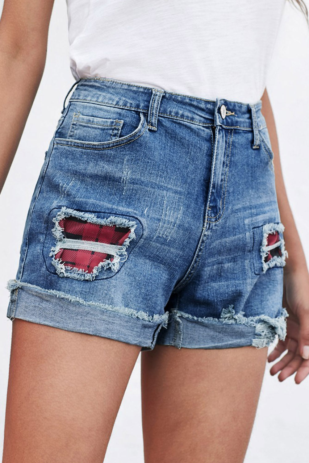 Plaid Patchwork Rolled Hem Denim Shorts