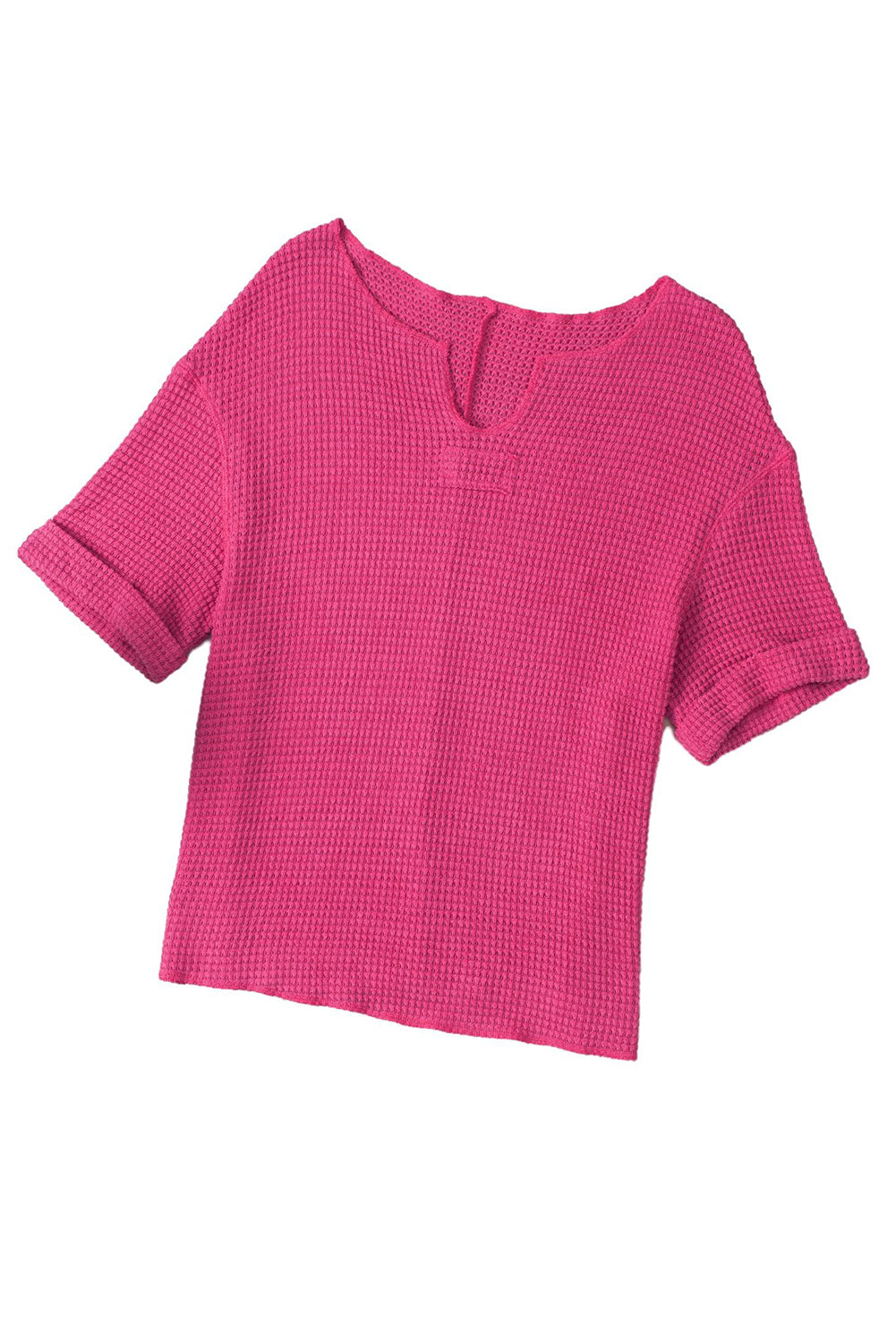 Strawberry Pink Textured Knit Split Neck Cuffed Short Sleeve Top