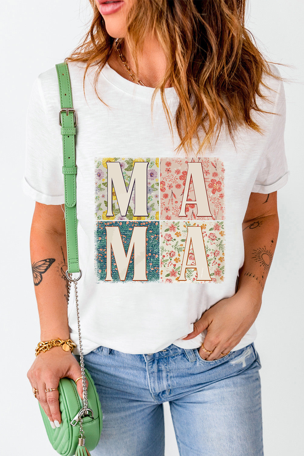 White MAMA Floral Block Graphic Casual T Shirt