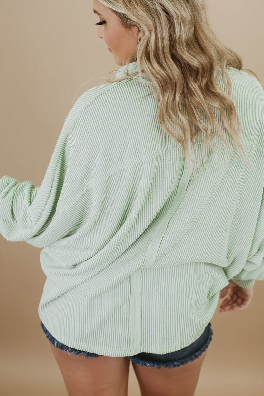 Green Plus Size Ribbed Pocketed Long Sleeve Henley Top