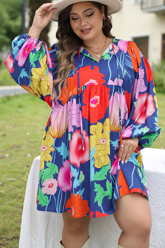 Blue Plus Size Floral V Neck Balloon Sleeve Babydoll Dress