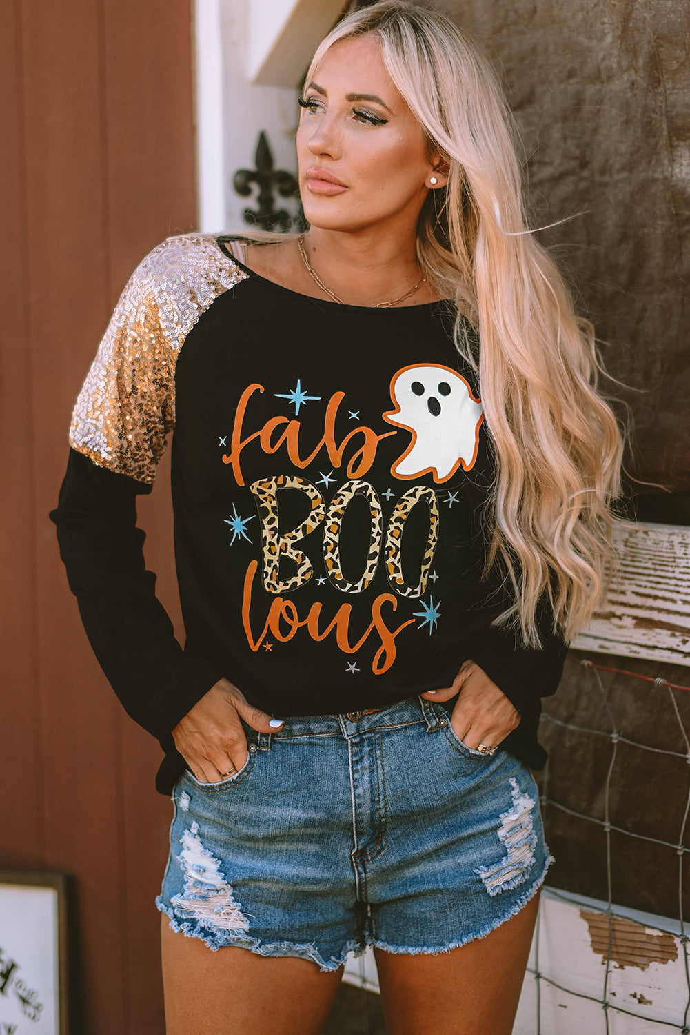 Black Leopard Boo Ghost Graphic Sequin Raglan Sleeve Top