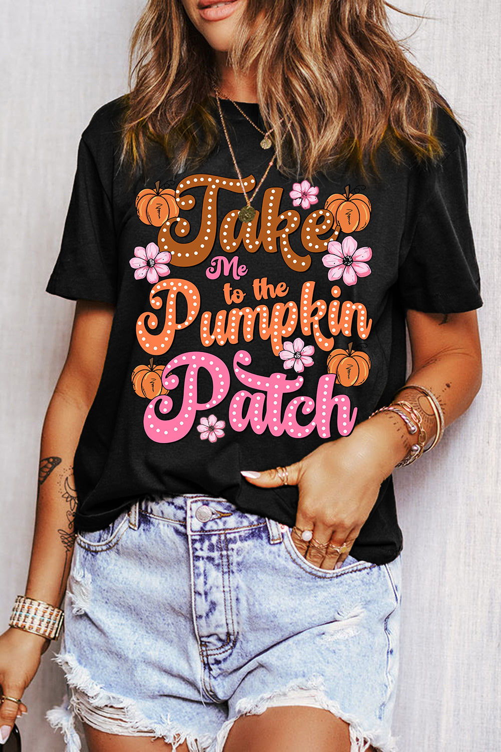 Black Take Me To The Pumpkin Patch Flower Print T Shirt