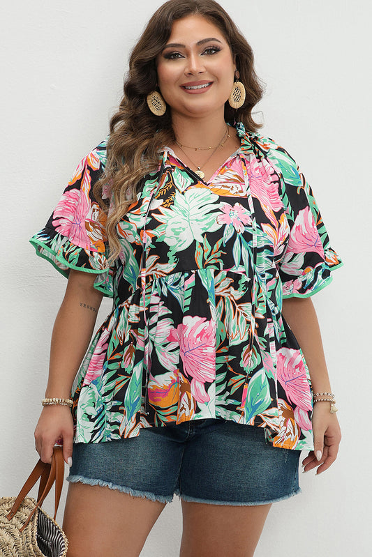 Black Plus Tropical Print Ruffled Sleeve Flowy Blouse