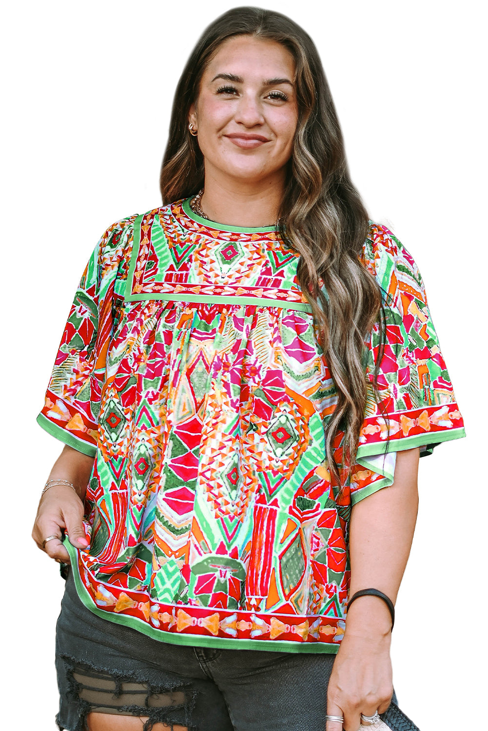 Green Fashion Printed Wide Sleeve Plus Size Blouse