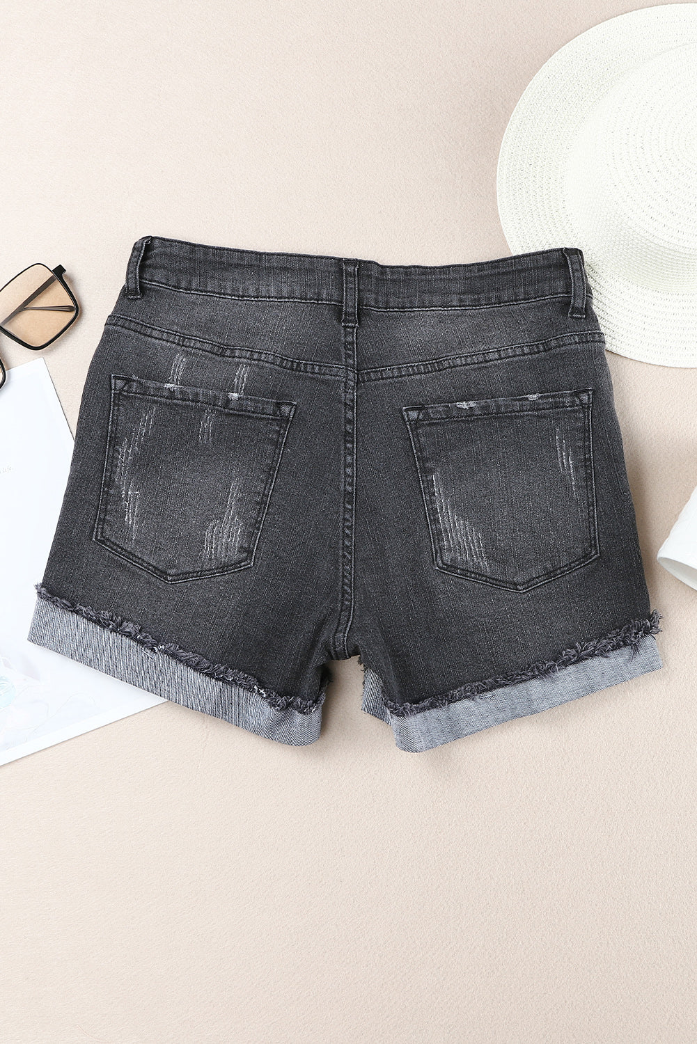 Distressed Ripped Rolled Hem Black Denim Shorts