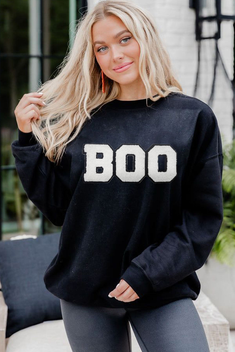 Black Chenille BOO Patched Pattern Crewneck Halloween Sweatshirt