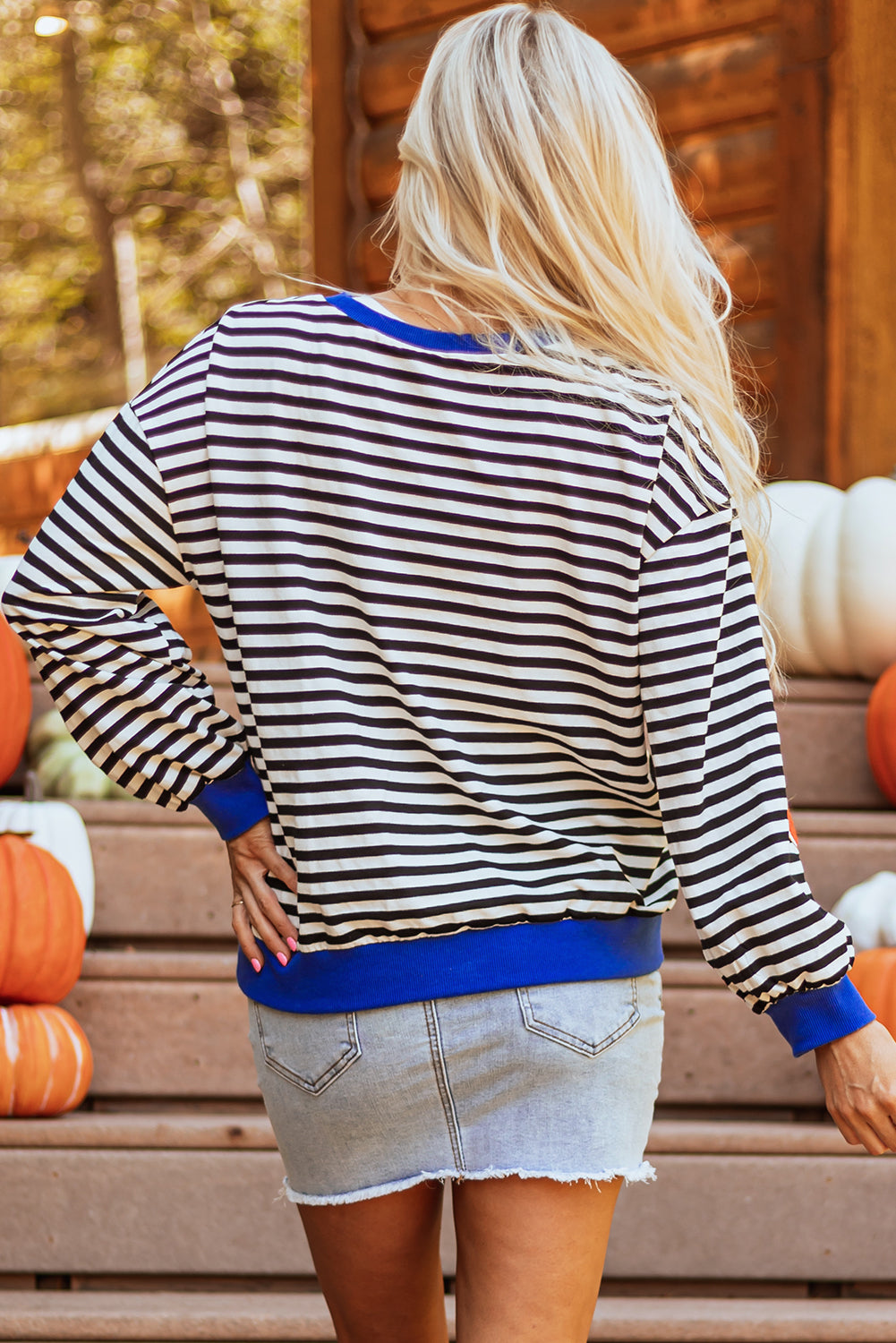 Black Stripe Glitter Halloween Pumpkin Print Oversized Sweatshirt