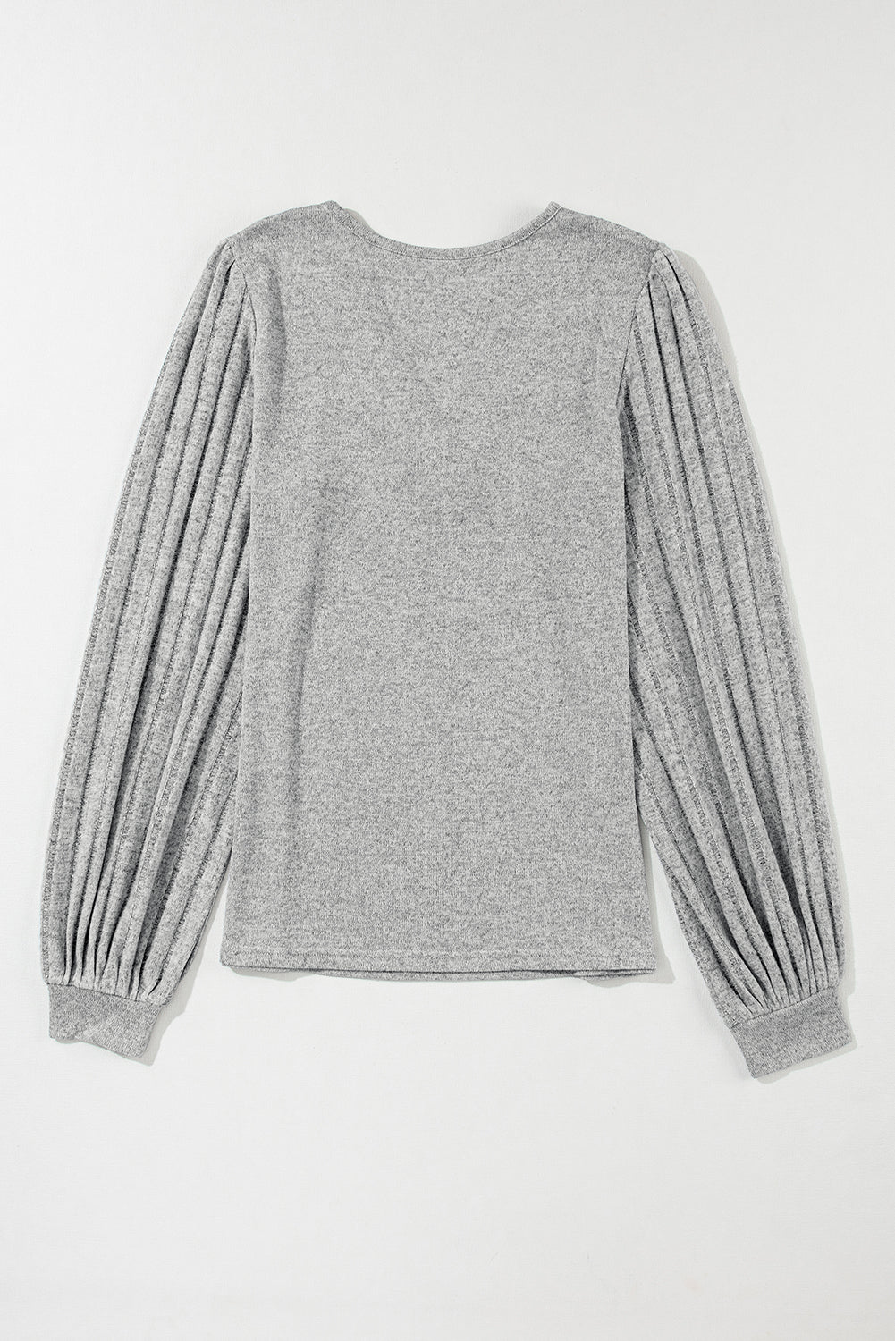 Light Grey Buttoned V Neck Ribbed Puff Sleeve Top