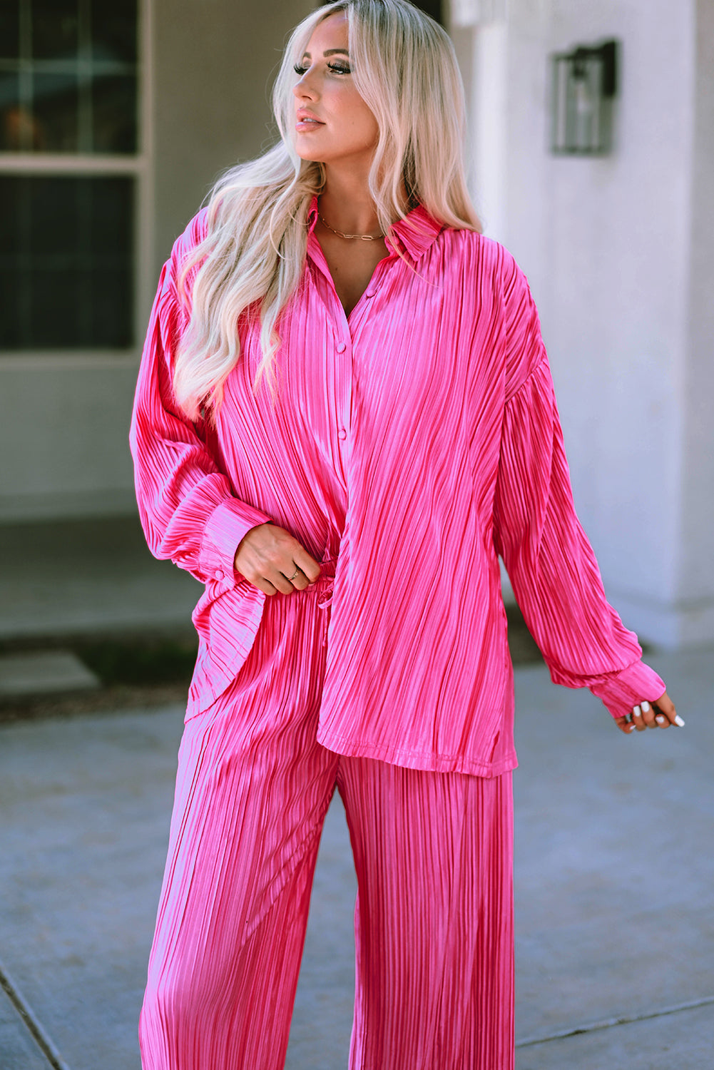 Rose Pleated Long Sleeve Shirt and Wide-Leg Pants Set