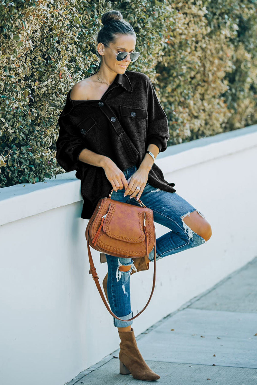 Black Polo Collar Buttoned Patchy Top with Pockets