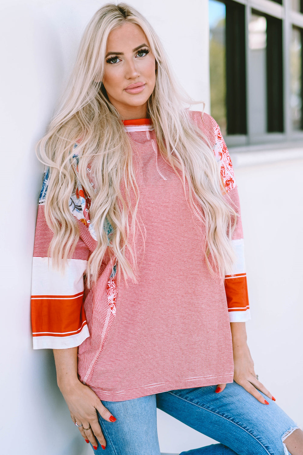 Fiery Red Pinstriped Color Block Patchwork Oversized Top