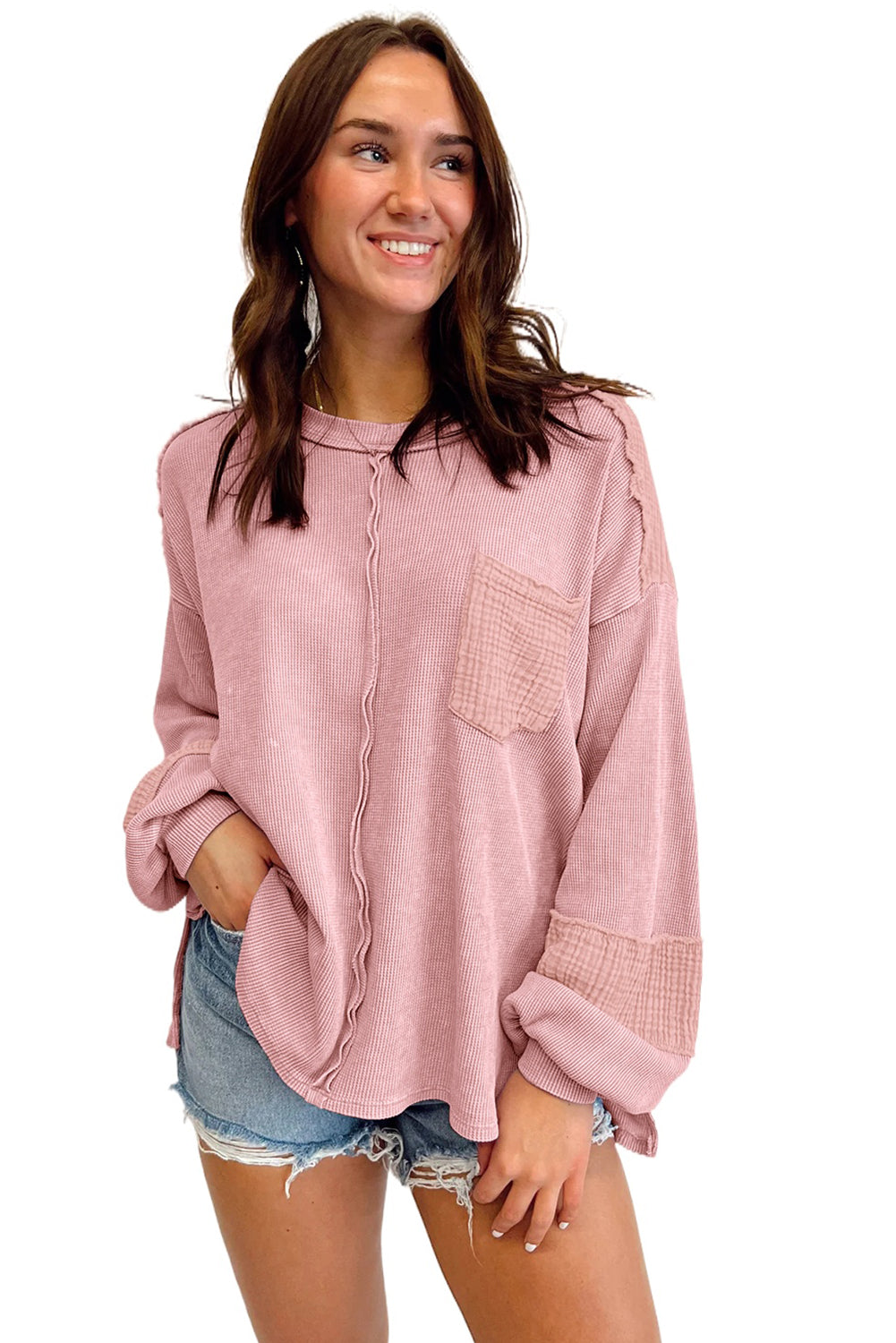 Pink Exposed Seam Patchwork Bubble Sleeve Waffle Knit Top