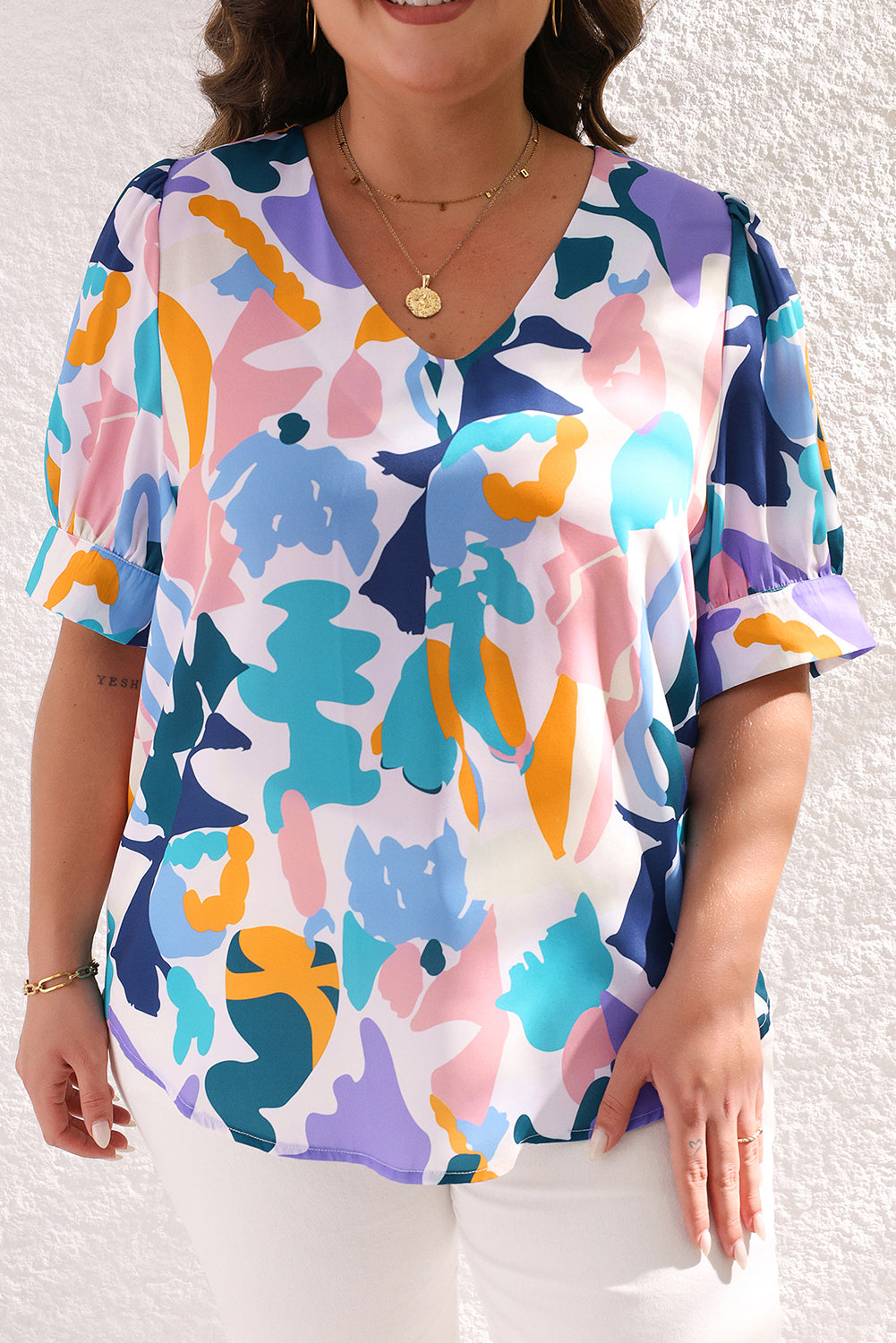 Sky Blue Plus Abstract Print Puff Short Sleeve V Neck Top