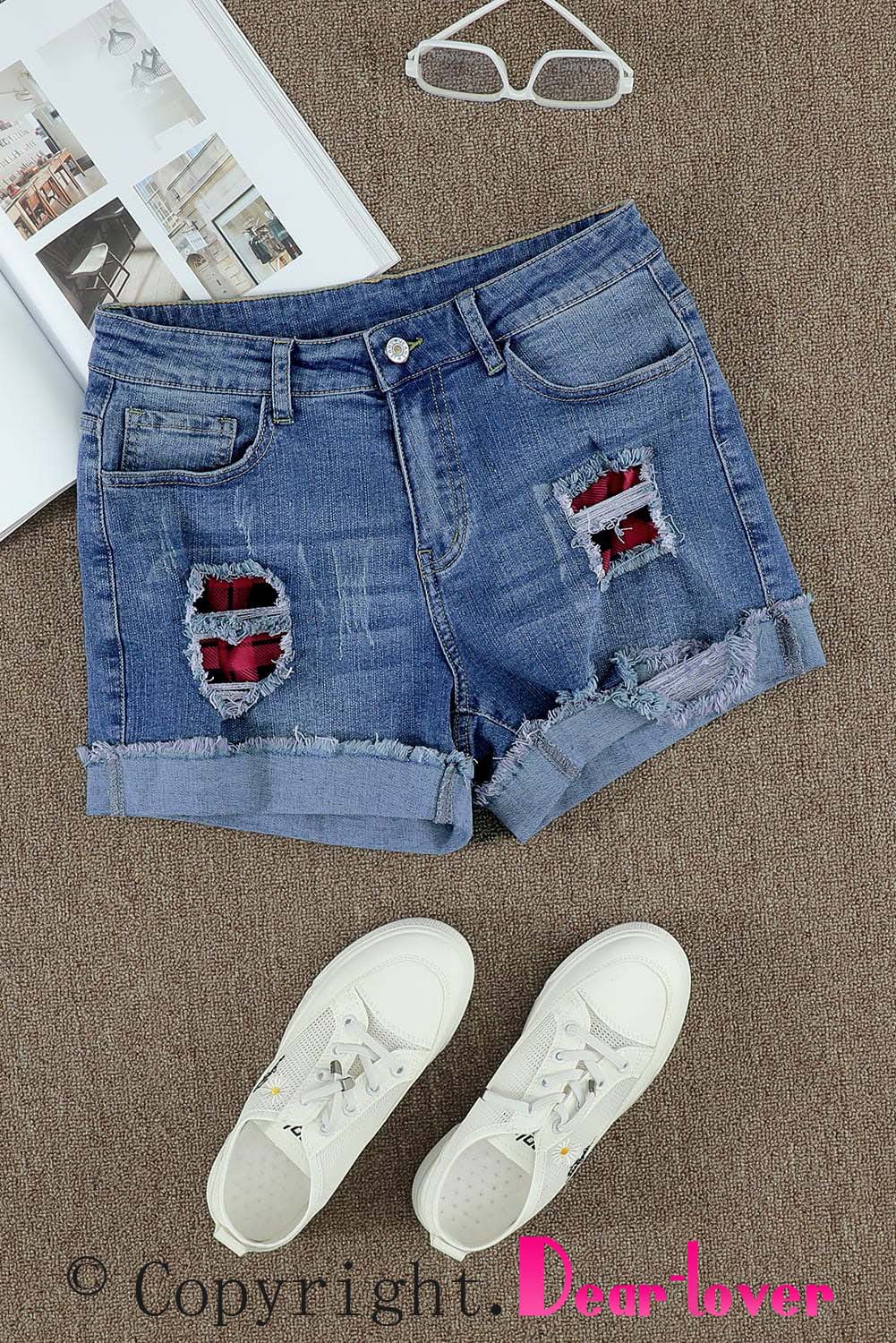 Plaid Patchwork Rolled Hem Denim Shorts