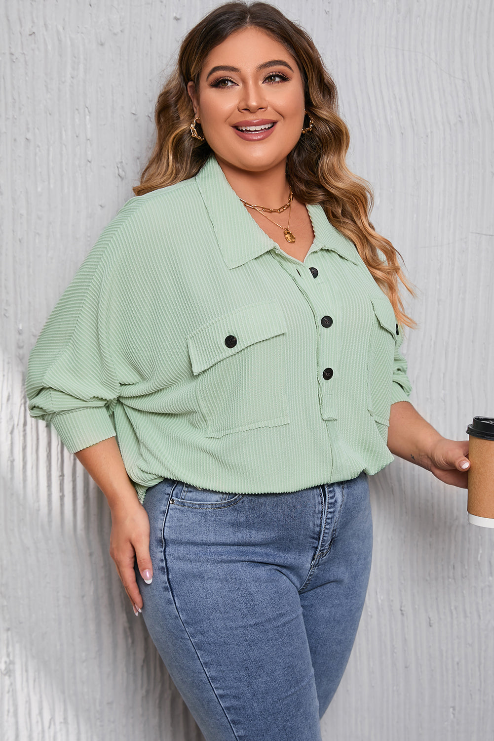 Green Plus Size Ribbed Pocketed Long Sleeve Henley Top