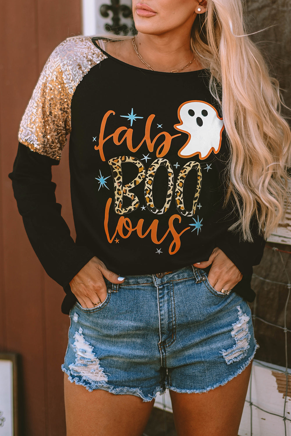 Black Leopard Boo Ghost Graphic Sequin Raglan Sleeve Top