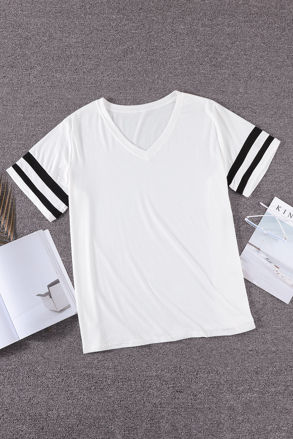 White Plus Size Stripes Stitching Sleeve V Neck T-shirt