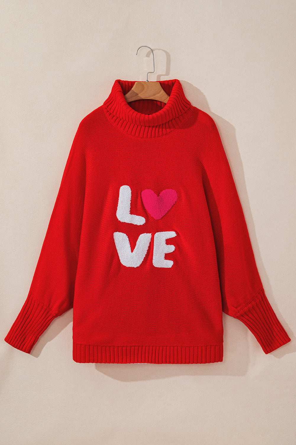 Racing Red Valentine LOVE Letter Embroidered High Neck Sweater